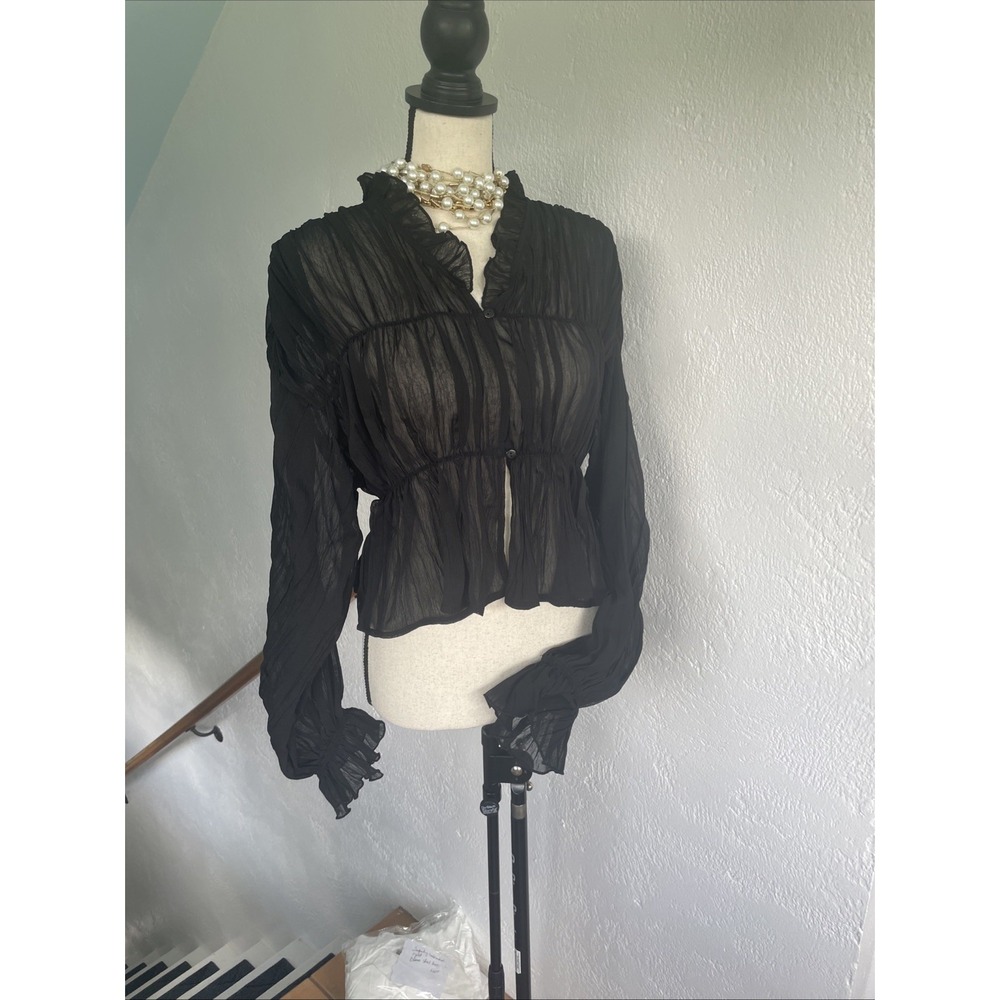 Commence NWT Bell With Ruffle Sleeve Black Chiffon Sheer Boho Blouse Size M - Picture 7 of 10
